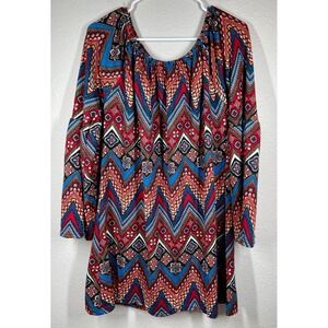 WinWin Bell Sleeve Tunic Dress L-XL Aztec Bohemian Print Colorful soft comfort